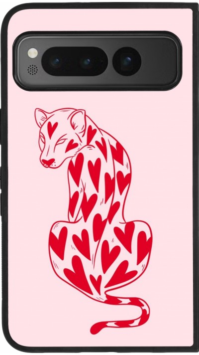 Google Pixel Fold Case Hülle - Silikon schwarz Leopard with hearts 2026