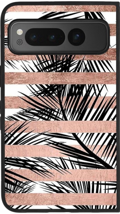 Coque Google Pixel Fold - Silicone rigide noir Palm trees gold stripes