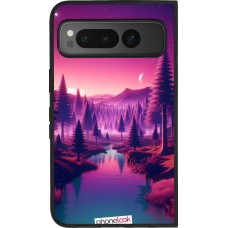 Coque Google Pixel Fold - Silicone rigide noir Paysage Violet-Rose