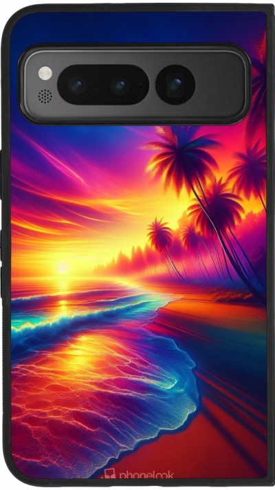 Coque Google Pixel Fold - Silicone rigide noir Plage coucher soleil flashy