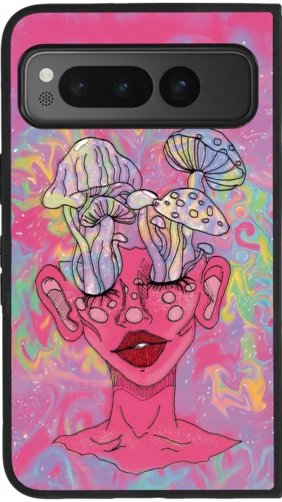Coque Google Pixel Fold - Silicone rigide noir Psychedelic pink mushroom