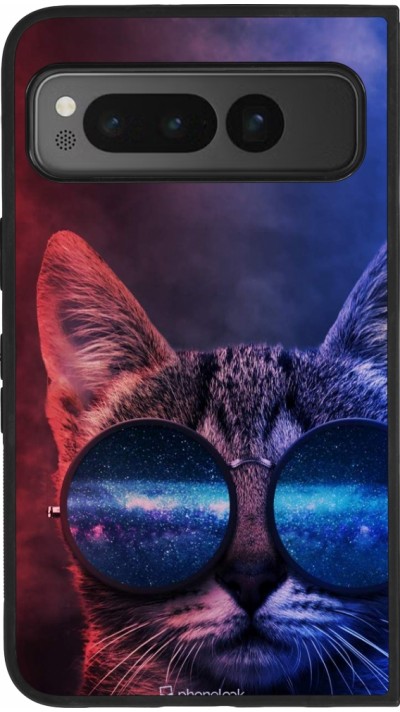 Coque Google Pixel Fold - Silicone rigide noir Red Blue Cat Glasses