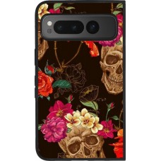 Coque Google Pixel Fold - Silicone rigide noir Skulls and flowers