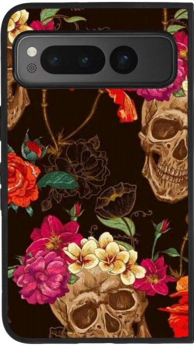 Coque Google Pixel Fold - Silicone rigide noir Skulls and flowers
