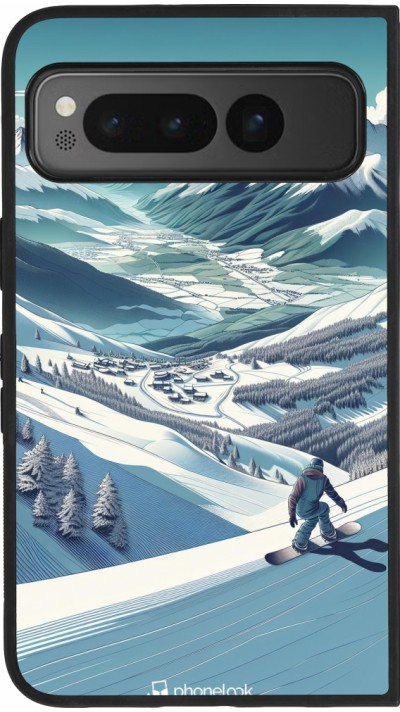 Coque Google Pixel Fold - Silicone rigide noir Snowboarder Montagne