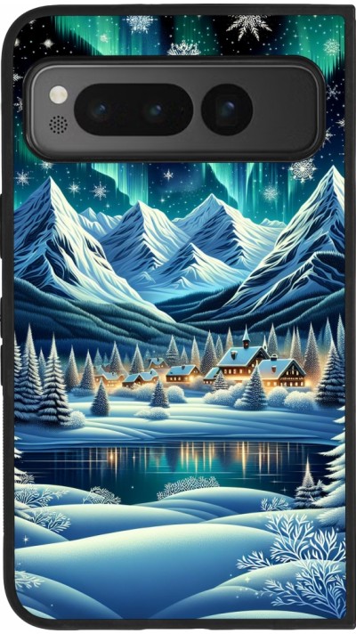 Coque Google Pixel Fold - Silicone rigide noir Snowy Mountain Village Lake night