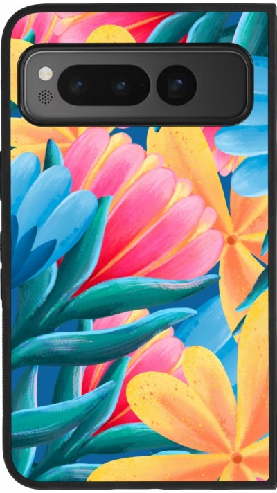 Coque Google Pixel Fold - Silicone rigide noir Spring 23 colorful flowers