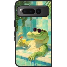 Coque Google Pixel Fold - Silicone rigide noir Crocodile in the swimming pool Summer 2026
