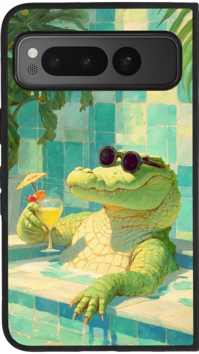 Coque Google Pixel Fold - Silicone rigide noir Crocodile in the swimming pool Summer 2026