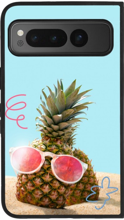Coque Google Pixel Fold - Silicone rigide noir Pineapple with glasses Summer 2026