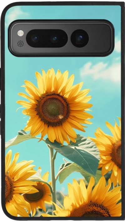 Coque Google Pixel Fold - Silicone rigide noir Sunflowers Summer 2026