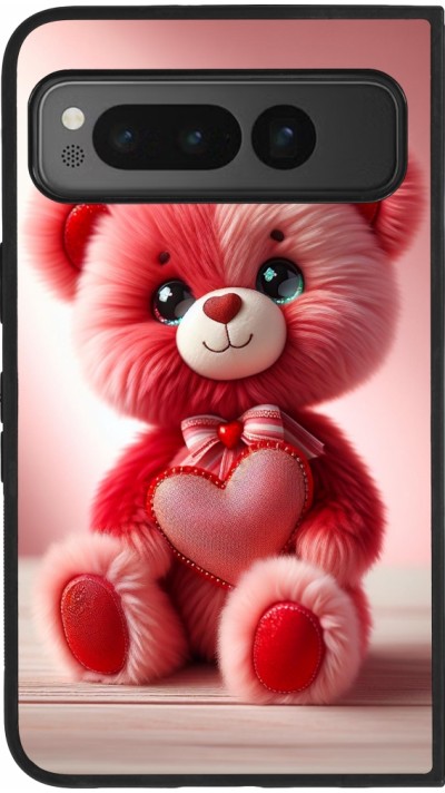 Coque Google Pixel Fold - Silicone rigide noir Valentine 2024 Ourson rose