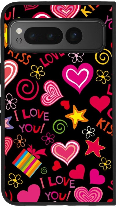 Coque Google Pixel Fold - Silicone rigide noir Valentine 2023 love symbols