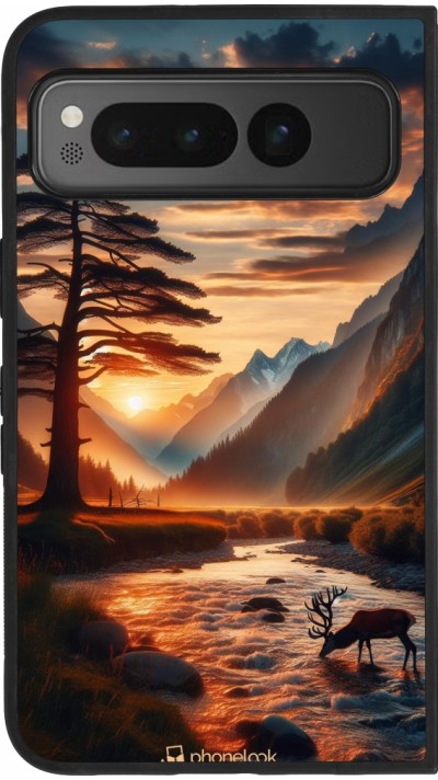 Coque Google Pixel Fold - Silicone rigide noir Valley Sunset Deer Tree