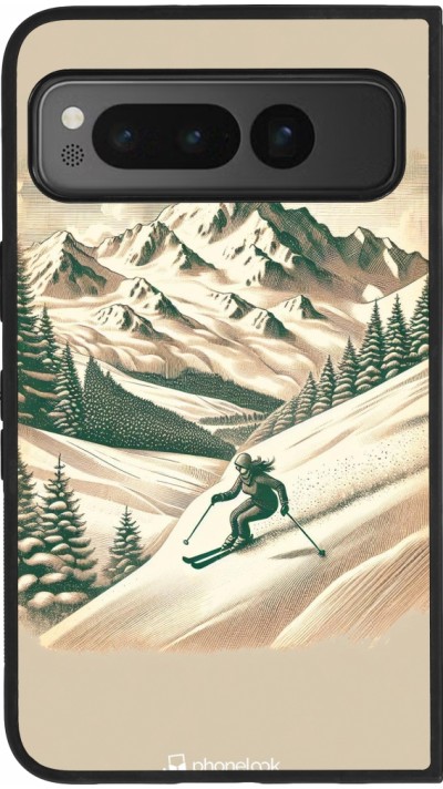 Coque Google Pixel Fold - Silicone rigide noir Vintage Ski Mountain