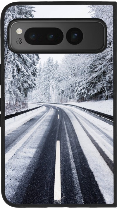 Coque Google Pixel Fold - Silicone rigide noir Winter 22 Snowy Road