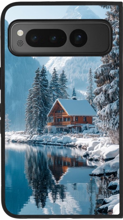 Coque Google Pixel Fold - Silicone rigide noir Winter 25 Winter house forest day