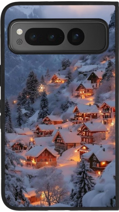 Coque Google Pixel Fold - Silicone rigide noir Winter 25 Winter snowy village