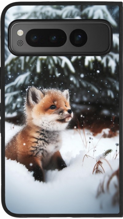 Coque Google Pixel Fold - Silicone rigide noir Noël 2023 Renardeau sapin
