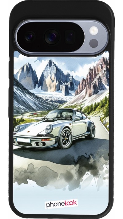 Coque Google Pixel 10 / Pixel 10 Pro - Silicone rigide noir Porsche 911 Mountain Watercolor