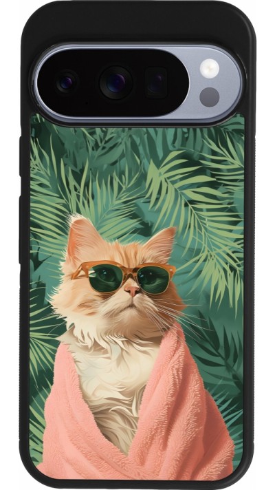 Coque Google Pixel 10 / Pixel 10 Pro - Silicone rigide noir Cat Summer Palms