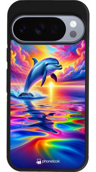 Google Pixel 10 / Pixel 10 Pro Case Hülle - Silikon schwarz Glücklicher Regenbogen-Delfin