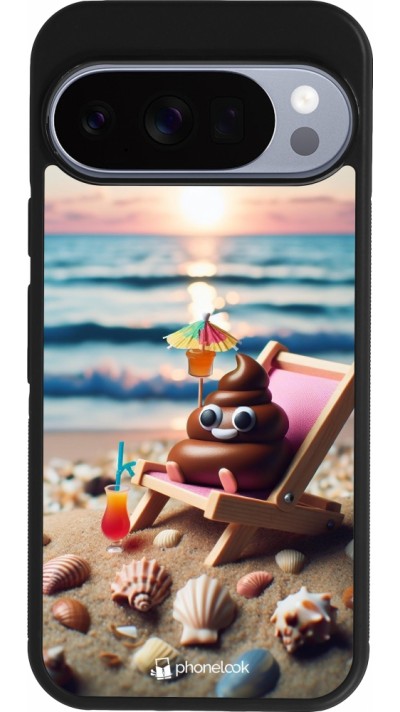 Google Pixel 10 / Pixel 10 Pro Case Hülle - Silikon schwarz Kackhaufen Emoji auf Liegestuhl