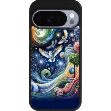 Coque Google Pixel 10 / Pixel 10 Pro - Silicone rigide noir hibou volant floral