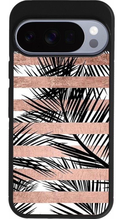 Coque Google Pixel 10 / Pixel 10 Pro - Silicone rigide noir Palm trees gold stripes