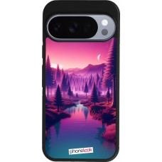 Coque Google Pixel 10 / Pixel 10 Pro - Silicone rigide noir Paysage Violet-Rose
