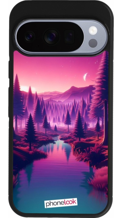 Coque Google Pixel 10 / Pixel 10 Pro - Silicone rigide noir Paysage Violet-Rose