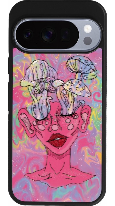 Coque Google Pixel 10 / Pixel 10 Pro - Silicone rigide noir Psychedelic pink mushroom