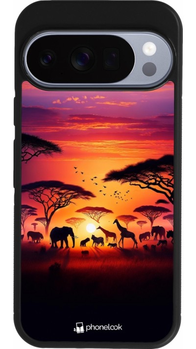 Coque Google Pixel 10 / Pixel 10 Pro - Silicone rigide noir Safari sunset wildlife