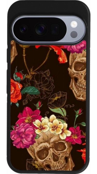 Coque Google Pixel 10 / Pixel 10 Pro - Silicone rigide noir Skulls and flowers
