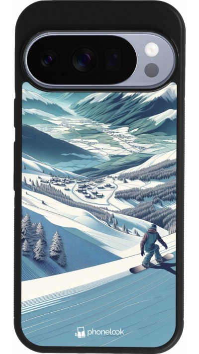 Coque Google Pixel 10 / Pixel 10 Pro - Silicone rigide noir Snowboarder Montagne