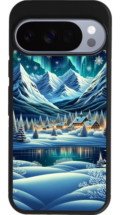 Google Pixel 10 / Pixel 10 Pro Case Hülle - Silikon schwarz Verschneites Bergdorf am See in der Nacht