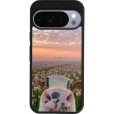 Coque Google Pixel 10 / Pixel 10 Pro - Silicone rigide noir Cow with tulips Spring 2026