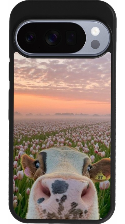 Coque Google Pixel 10 / Pixel 10 Pro - Silicone rigide noir Cow with tulips Spring 2026