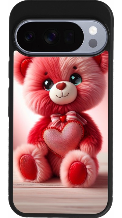 Coque Google Pixel 10 / Pixel 10 Pro - Silicone rigide noir Valentine 2024 Ourson rose