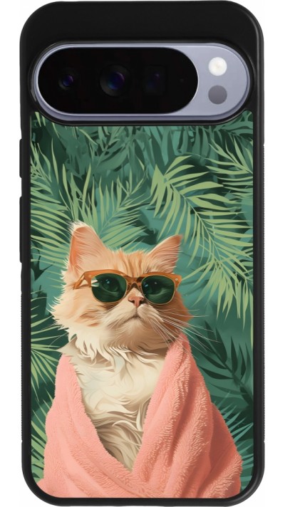 Google Pixel 10 Pro XL Case Hülle - Silikon schwarz Cat Summer Palms