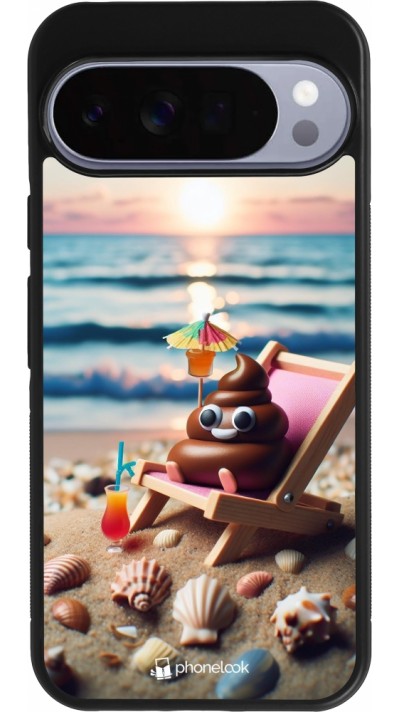 Google Pixel 10 Pro XL Case Hülle - Silikon schwarz Kackhaufen Emoji auf Liegestuhl