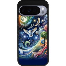 Coque Google Pixel 10 Pro XL - Silicone rigide noir hibou volant floral