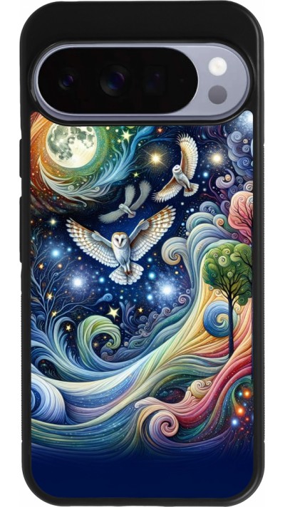 Coque Google Pixel 10 Pro XL - Silicone rigide noir hibou volant floral