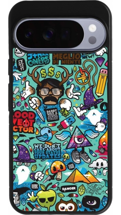 Coque Google Pixel 10 Pro XL - Silicone rigide noir Mixed Cartoons Turquoise