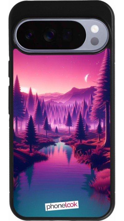 Coque Google Pixel 10 Pro XL - Silicone rigide noir Paysage Violet-Rose