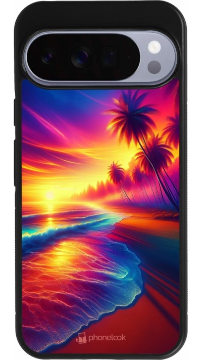 Coque Google Pixel 10 Pro XL - Silicone rigide noir Plage coucher soleil flashy