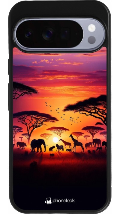 Coque Google Pixel 10 Pro XL - Silicone rigide noir Safari sunset wildlife