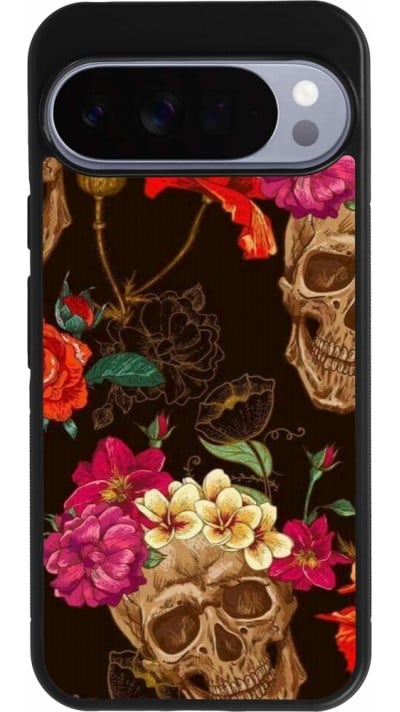 Coque Google Pixel 10 Pro XL - Silicone rigide noir Skulls and flowers