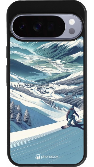 Coque Google Pixel 10 Pro XL - Silicone rigide noir Snowboarder Montagne