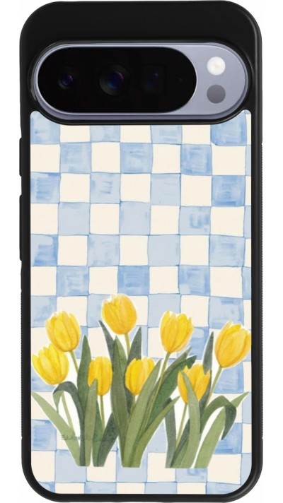 Coque Google Pixel 10 Pro XL - Silicone rigide noir Blue vichy tulips Spring 2026